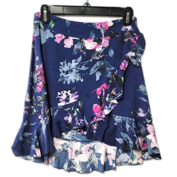 Blue Life Navy Floral Print Ruffled Faux Wrap High Low Skirt XS - Picture 3 of 9